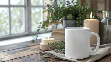 A blank, white, mock up template of an 11oz mug in a tranquil Autumn setting, with candles by a window, mug D-handle on right side, mock up design concept