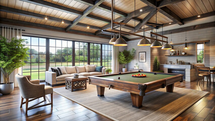 Farmhouse interior design style billiard games room with exposed wooden beams