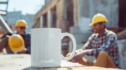 A blank, white, mock up template of an 11oz mug on a building site sitting on a wall, mug D-handle on right side, 2 builders in the background. mock up design concept