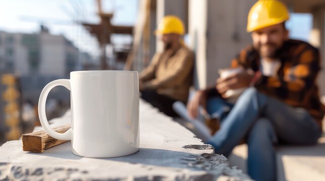 A blank, white, mock up template of an 11oz mug on a building site sitting on a wall, mug D-handle on right side, 2 builders in the background. mock up design concept