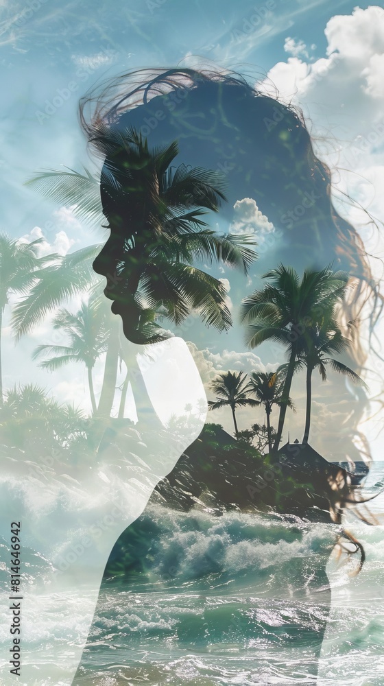 Poster A double exposure showing a womans face overlayed with palm trees in the background. The womans features merge seamlessly with the lush greenery, creating a striking and unique visual effect.