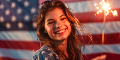 portrait of beautiful woman smiling holding sparkler in front of american flag, 4th July concept. independence day - Powered by Adobe