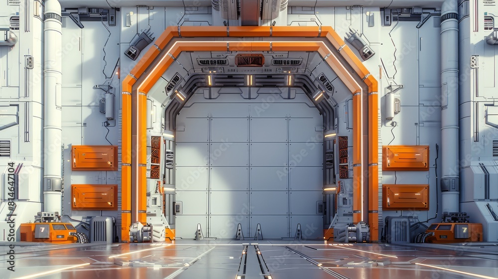 Poster industrial sci-fi door with a strong structure of hinges and cables and a retractable metallic gate 