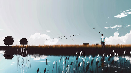 Serene lakeside solitude, Tranquil man in contemplative silence minimalistic rural landscape, flying birds, and reflective water
