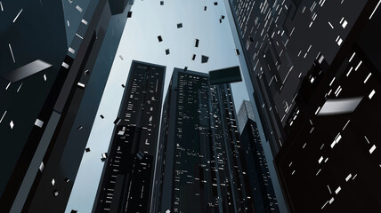 Dynamic urban night in surreal futuristic cityscape with illuminated skyscrapers and floating debris, Dramatic monochrome digital art illustration with dense towering architecture