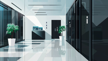 Sleek modern high tech office lobby interior, Spacious sophisticated workspace with elegant clean monochrome calming design