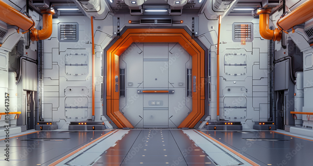 Poster industrial sci-fi door with a strong structure of hinges and cables and a retractable metallic gate 