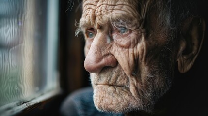 Intense portrait of a wise old man with deeply weathered face, expressive eyes, and white beard