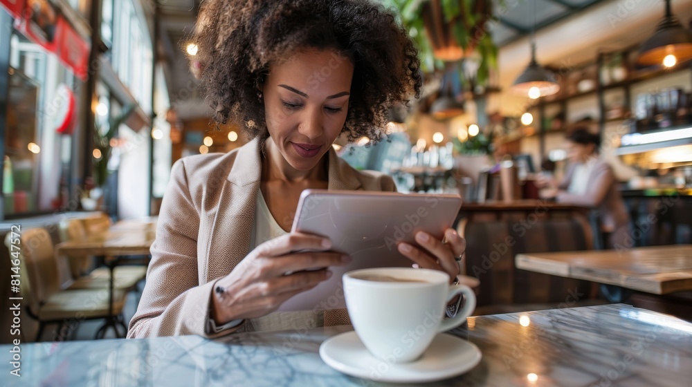 Poster a businesswoman sitting at a table, engaged with a tablet device. she appears focused on the screen,