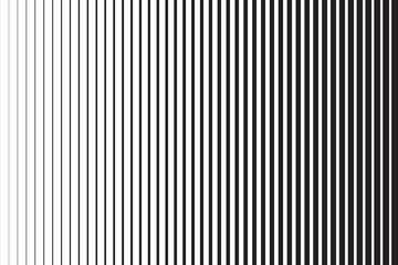 Background with vertical straight lines of different thicknesses. Simple graphic print with black parallel stripes. Blinds texture with vanishing effect. Vector minimalist illustration