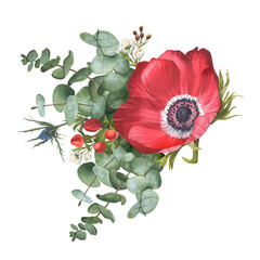 Red anemones, branches of eucalyptus, hypericium and eryngium. Professional flower arrangement with greenery. Floral bouquet. Watercolor illustration for design of cards, invitations, banners