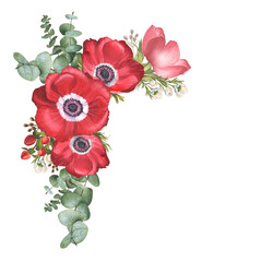 Bouquet of red anemones with eucalyptus St. John's wort and eryngium. Watercolor illustration. Corner flower arrangement with poppies and greenery. Spring banner, cards, flower shops