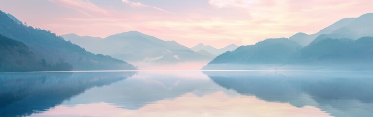Fototapeta premium A vast body of water reflecting the towering mountains looming in the background. The scene captures the contrast between the calm water and the rugged peaks.
