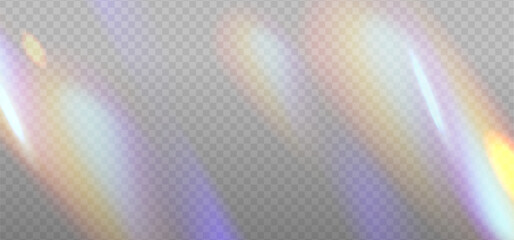 Rainbow dispersion highlights overlay template on a light background. Glare or reflection from water and glass. Glittering particles for social media backgrounds, photo shots. Vector eps10