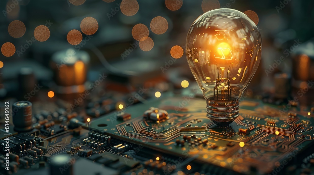 Poster in the dim environment, there is a circuit board with an embedded light bulb that is glowing. genera