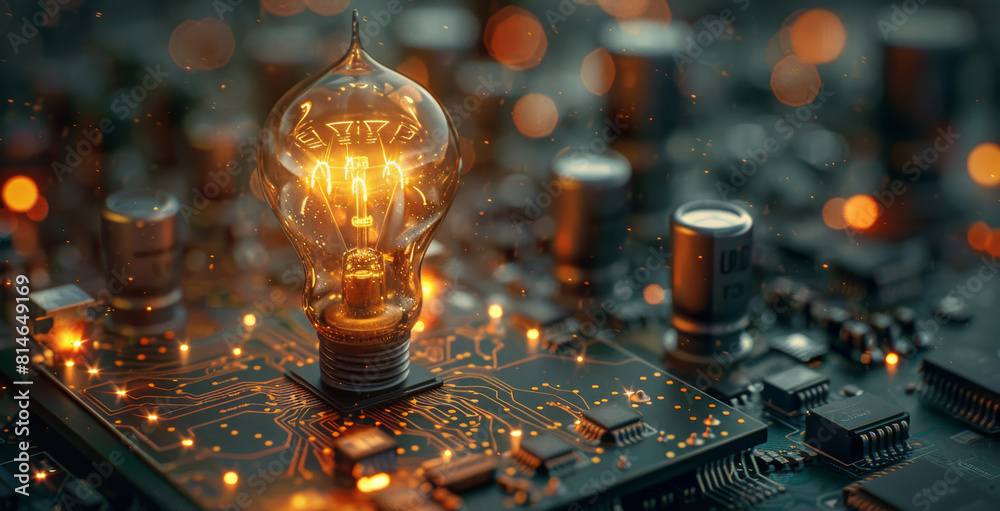 Poster In the dim environment, there is a circuit board with an embedded light bulb that is glowing. Generative AI.