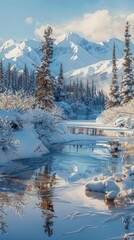 Snowy river with trees and mountains in the background. Winter nature background. Vertical background 