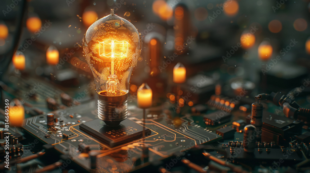 Poster In the dim environment, there is a circuit board with an embedded light bulb that is glowing. Generative AI.