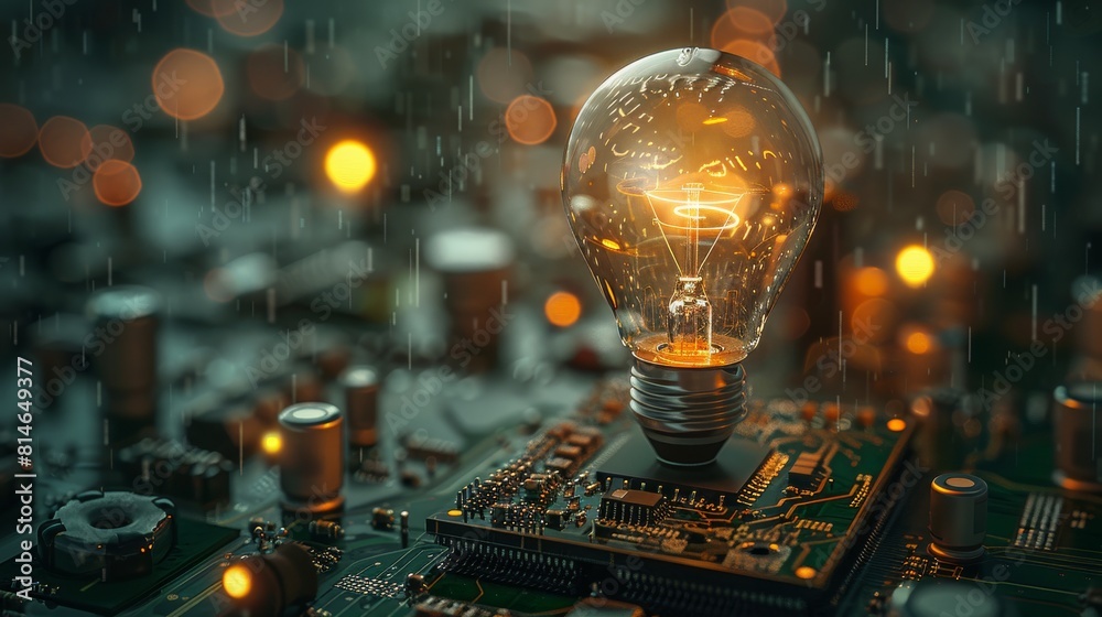 Poster in the dim environment, there is a circuit board with an embedded light bulb that is glowing. genera