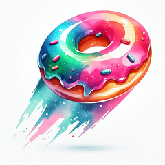 Watercolor Drawing of a Cute Little Colored Flying Donut on a White Background Clipart