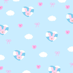 Illustration of bunny, heart, ribbon on pastel blue background for floral print, pattern, kid clothes, gift wrap, packaging, fabric, wallpaper, backdrop, women textile, garment, blanket, picnic