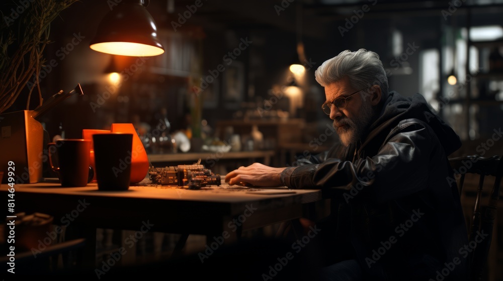 Poster Generative AI Journalist conducting an interview in a coffee shop, recorder on the table, engaging conversation, relaxed atmosphere