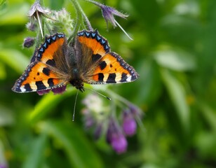 Tortoiseshell Butterfly on purple Comfrey flower in natural surroundings.