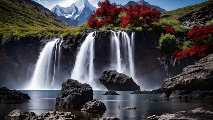 waterfall in the cliff , with red maple tree
