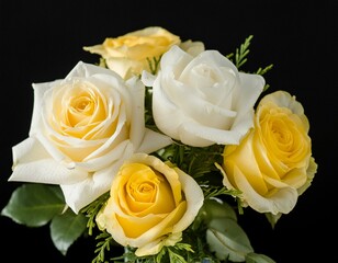 Minimalist Opulence: Isolated White and Yellow Roses on Black