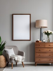 Mockup poster frame in light gray living room interior background, interior mockup design, frame mockup