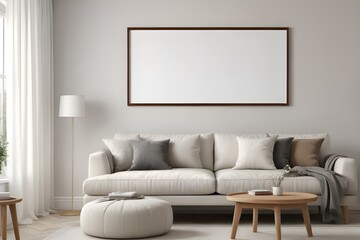 Poster frame mockup in white living room interior background, modern interior design, frame mockup