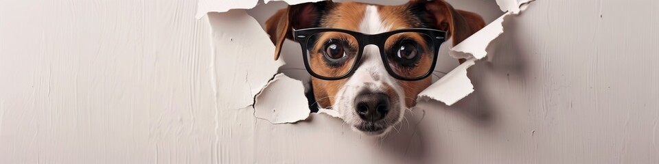 A cute dog looks through a ripped hole, a white paper background, and wearing glasses comes out tearing the colorful paper. Generated by AI