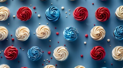 Patriotic Themed Cupcakes with red and blue frosting for Celebrations 4 th of July. Veterans Day, Memorial Day, Fourth of July Food Concept. Generative ai
