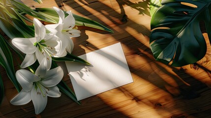 Serene White Lilies and a Loving Note on a Rustic Wooden Table