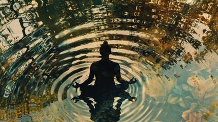 Peaceful Garden Meditation Double Exposure with Symmetrical Water Ripples.