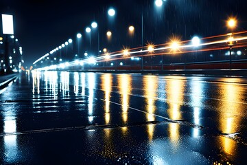 Fototapeta premium Reflective wet road at night with vibrant blue tones and street lights, urban life and transportation, suitable for weather and city themes. generative ai
