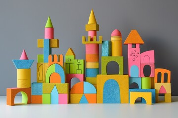 Colorful wooden toy blocks of various shapes and sizes are arranged to create a whimsical castle structure.