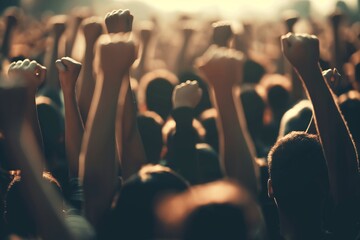 Crowd of people raising their fists in the air in a show of unity and strength.