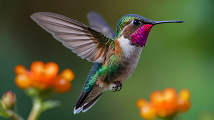 Fototapeta premium Stunning Pretty Hummingbird In Flight Soft Bokeh Background With Flowers And Natural Colours 300PPi High Resolution Image