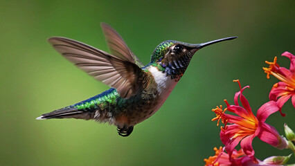 Fototapeta premium Stunning Pretty Hummingbird In Flight Soft Bokeh Background With Flowers And Natural Colours 300PPi High Resolution Image
