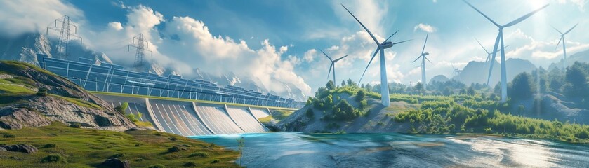 The image shows a green energy landscape with wind turbines, solar panels and a hydroelectric dam.