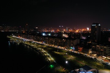 Night aerial view of Izmir, a seaside city in Turkey