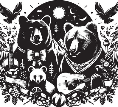 Grateful Dead Bears Black and White Vector art White Background Free Download