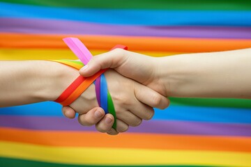 Two hands with rainbow bracelets shaking in front of rainbow flag.