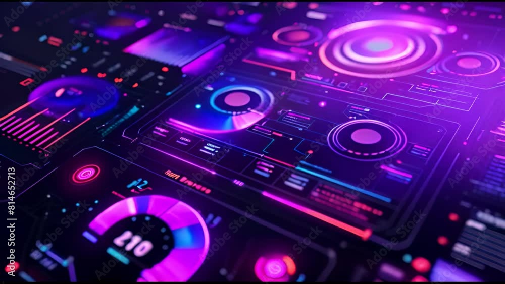 Poster A futuristic user interface with interactive HUDs and infographics. A looping motion virtual background. An intelligent head-up display dashboard for business, games, motion design, web, and apps.