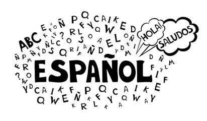 Espanol. Translation "Spanish".   Сoncept of learning spanish language. "Hola" Translate: "Hello" Language education. Distance education, remote school, Spain university.  Vector illustration © Semiletava Hanna