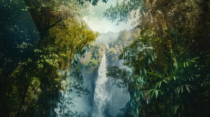 Creative Double Exposure of Waterfall and Jungle