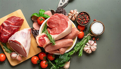 raw meat and vegetables, various types of italian raw meat with spices, vegetables and aromatic herbs. banner for supermarket or butcher