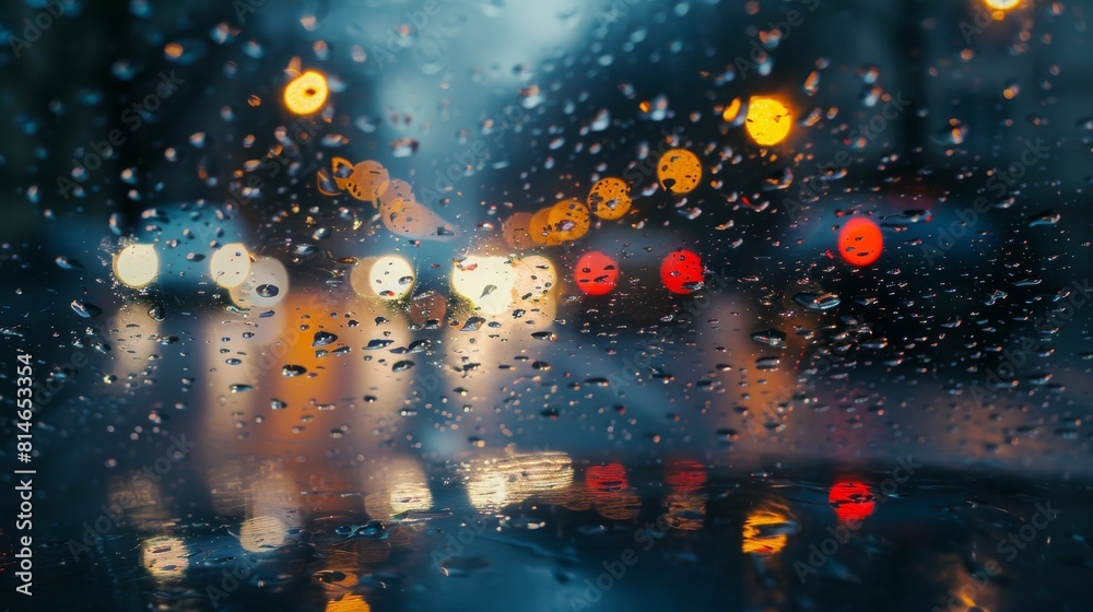 Poster a view of a wet and rainy street seen through a window. raindrops splatter on the glass as cars driv