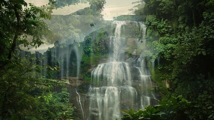 Double Exposure Waterfall and Jungle Landscape